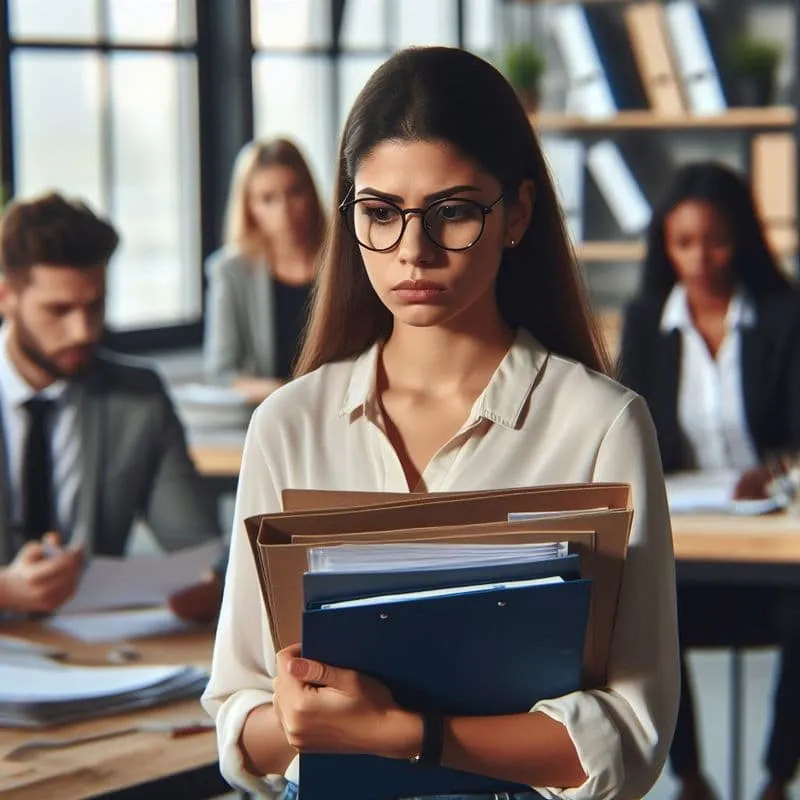 Uma mulher segurando pastas e olhando preocupada para documentos sobre um Processo Administrativo Disciplinar (PAD)